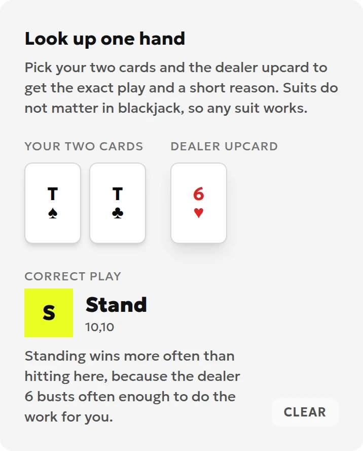 English strategy lookup showing T♠ and T♣ for the player, dealer 6♥, and the recommended action Stand.