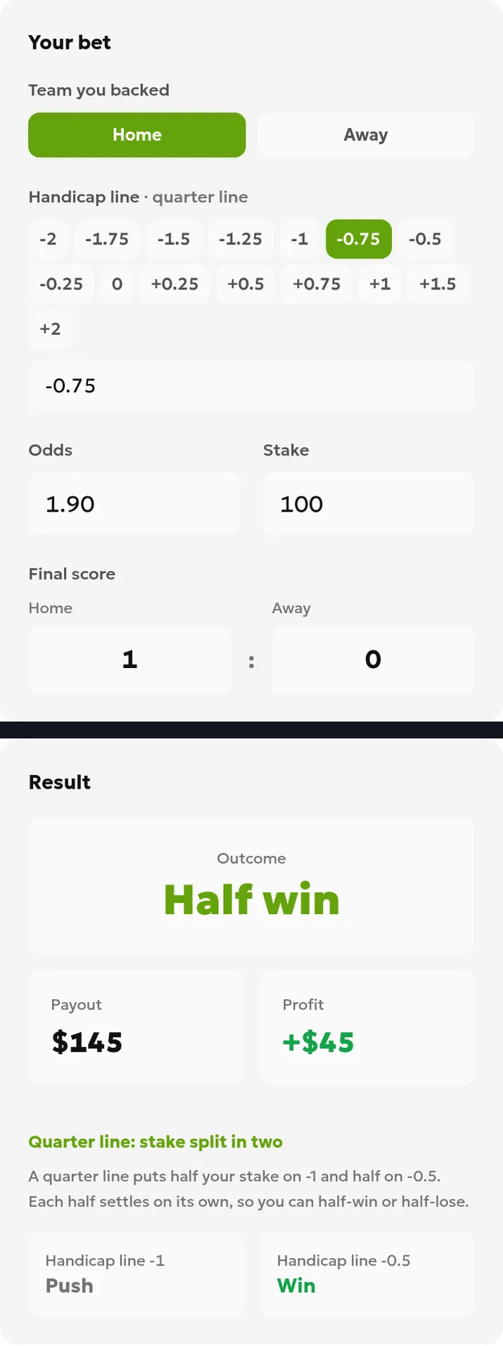 Hypothetical local ToolsGambling interface check with first-half goals 1:0, handicap −0.75, stake 100 and decimal odds 1.90