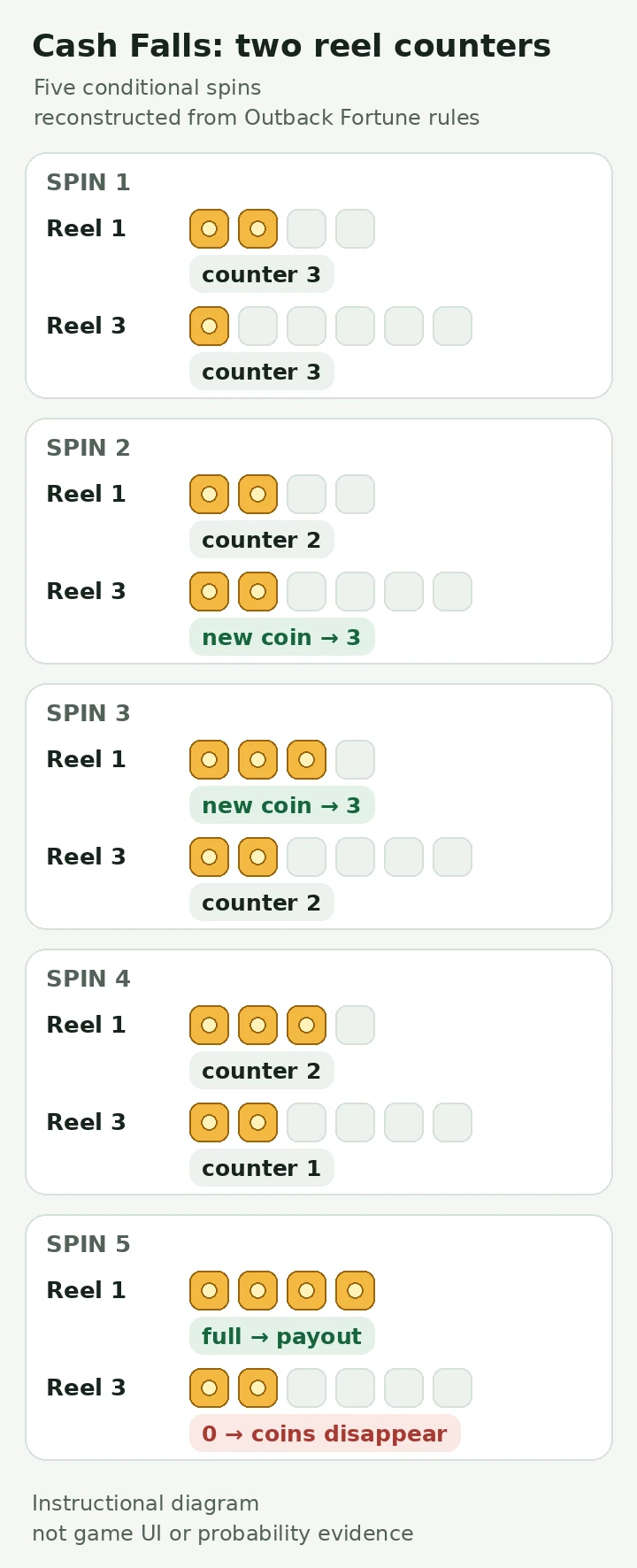 Five conditional spins on reels 1 and 3: reel 1 fills on spin 5 and pays its coins, while reel 3 reaches a zero counter and its coins disappear