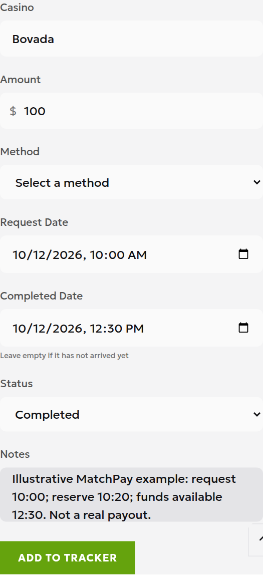 Local withdrawal tracker entry for a hypothetical 100-dollar MatchPay withdrawal