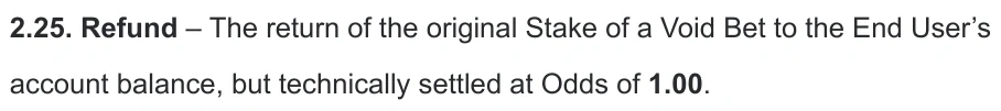 Original English excerpt from TowerBet’s archived Betting Rules PDF, paragraph 2.25 on page 6, defining technical Refund settlement at odds of 1.00