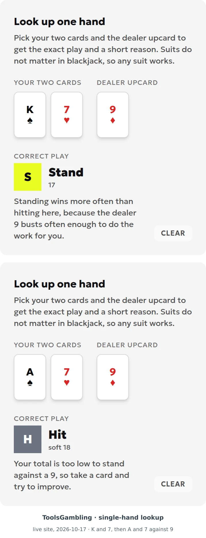 ToolsGambling single-hand lookup: K and 7 against 9 show the label 17 and Stand, A and 7 against 9 show the label soft 18 and Hit