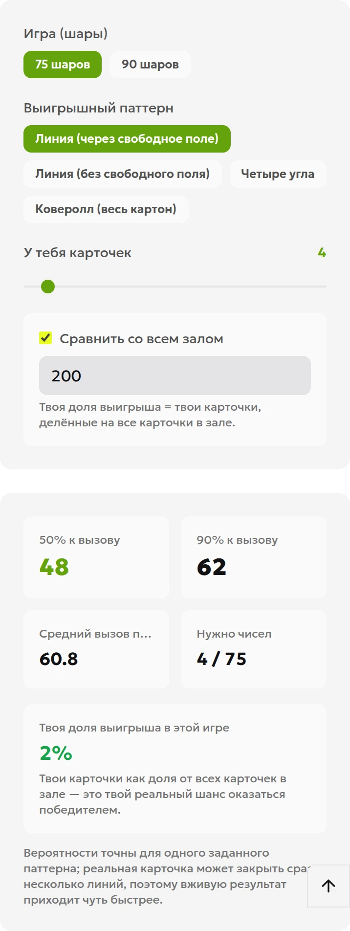 Локальный интерфейс калькулятора: четыре карточки с заданной линией и всего 200 карточек в игре