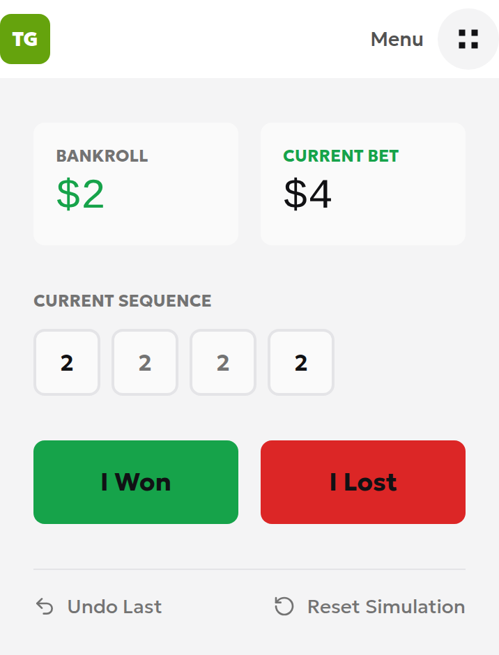 English calculator after a recorded loss then win, showing four 2s, a 4 next stake and 2 in the Bankroll tile