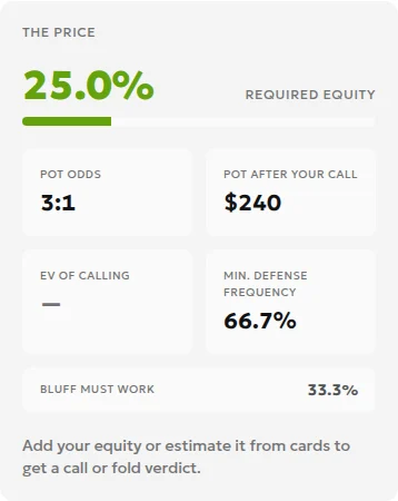 Calculator result showing Required equity of 25.0% and Pot after your call of $240