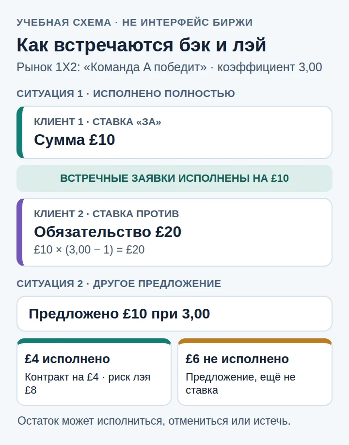 Собственная учебная схема по правилам BETDAQ, не снимок интерфейса: полностью исполненная заявка £10 при 3,00 с обязательством по лэю £20 и отдельно частичная заявка с исполненными £4 и остатком £6