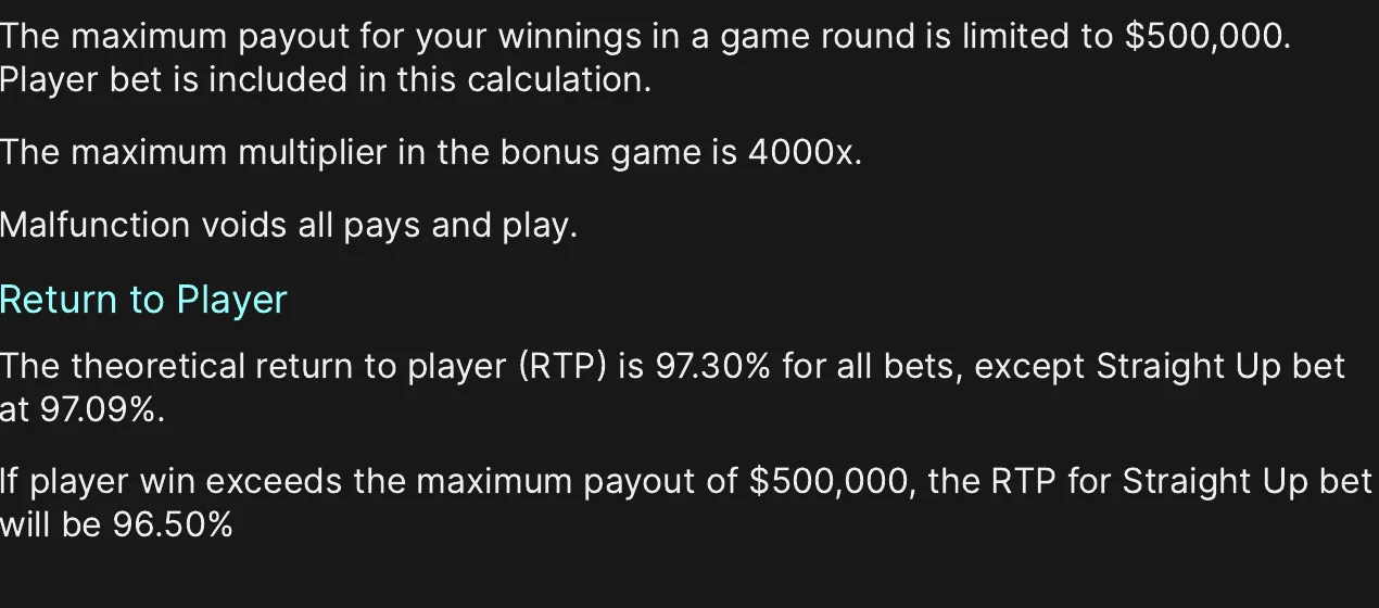 Official Loto-Québec rules excerpt from 2024-04-18, page 7, showing the payout cap and RTP lines.