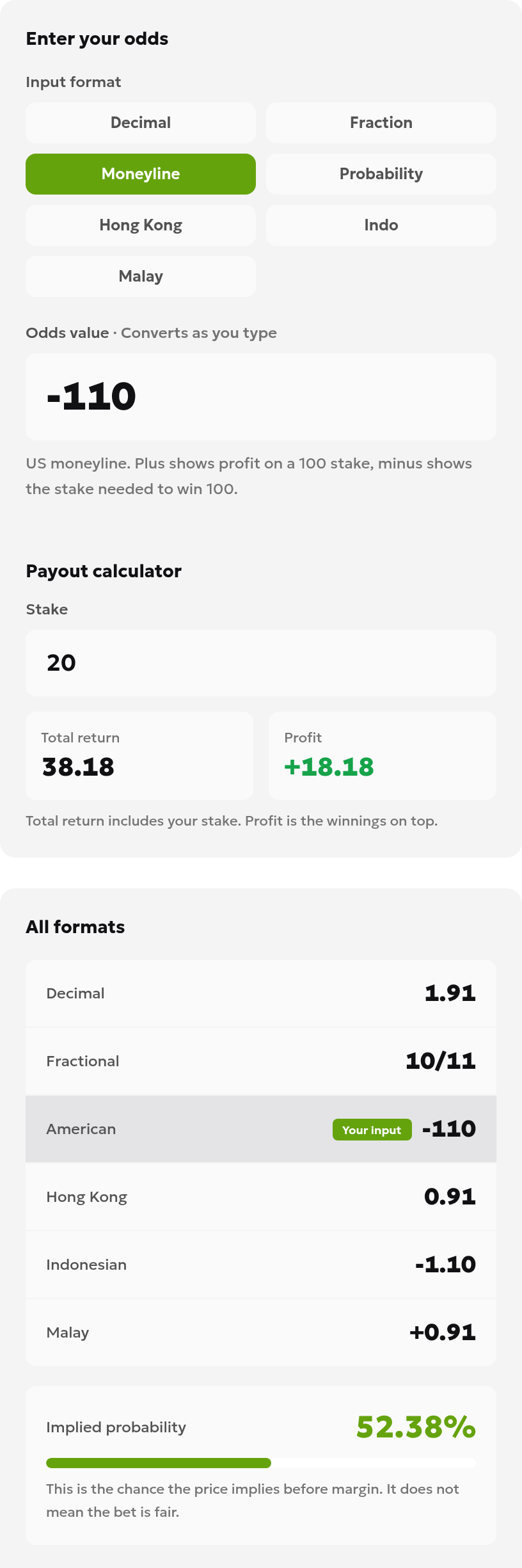 English odds converter showing a stake of 20 and American odds of −110