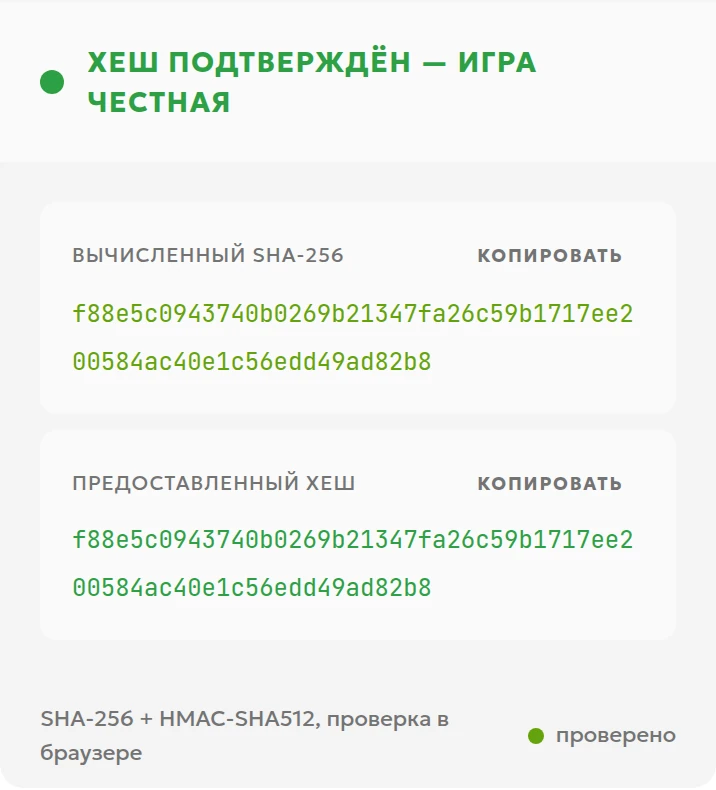 Результат проверки с совпадающими полными хэшами опубликованного примера BGaming
