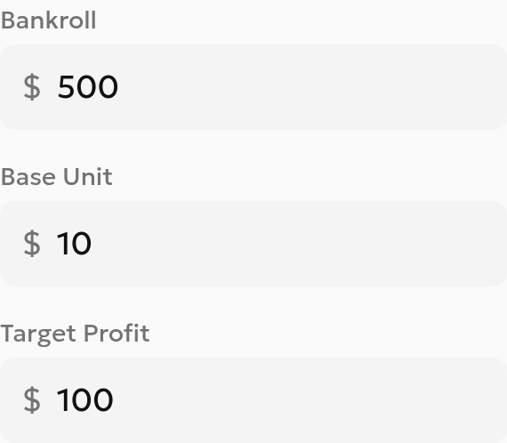 Local D’Alembert calculator form showing a 500-dollar bankroll, 10-dollar base unit and 100-dollar profit target