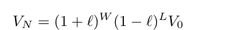 Formula from Kelly's 1956 paper, page 919: V_N = (1+l)^W(1−l)^L V_0
