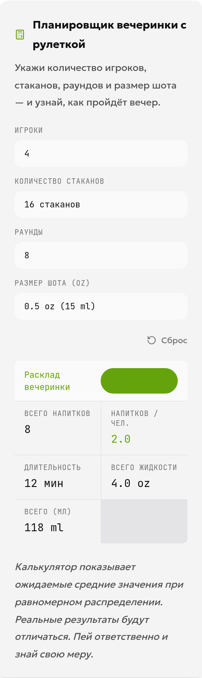 Русский интерфейс планировщика: 4 игрока, 16 рюмок, 8 индивидуальных вращений и порция 0,5 жидкой унции