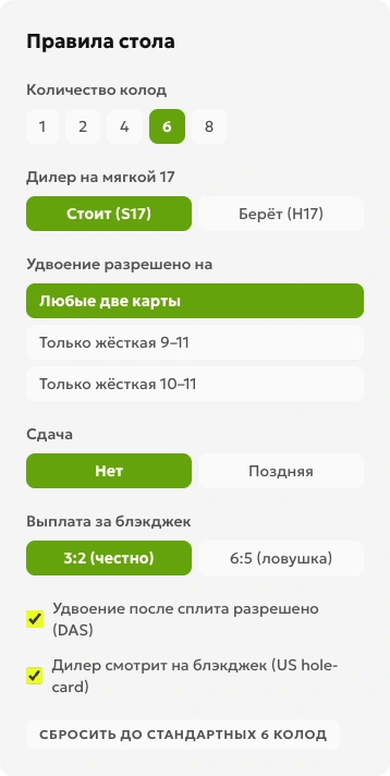 Настройки тренажёра стратегии: 6 колод, S17, DAS, удвоение на любых двух картах, без сдачи, проверка дилера и блэкджек 3:2