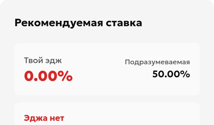 Русский калькулятор Келли без преимущества при вероятности 50% и коэффициенте 2.00