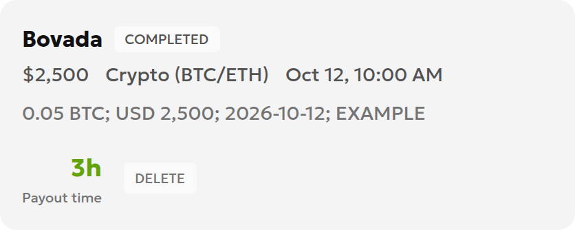 English withdrawal tracker result showing the hypothetical USD 2,500 completed payout and rounded 3-hour duration