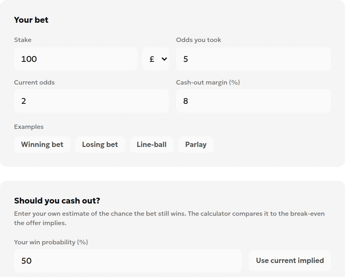 Cashout calculator inputs showing a £100 stake, odds of 5.00 and 2.00, an 8% discount and a 50% win estimate