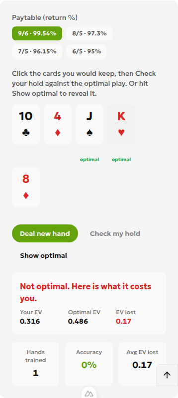 English video poker trainer comparing gross expected values of 0.316 and 0.486 for 10♣ 4♦ J♠ K♥ 8♦