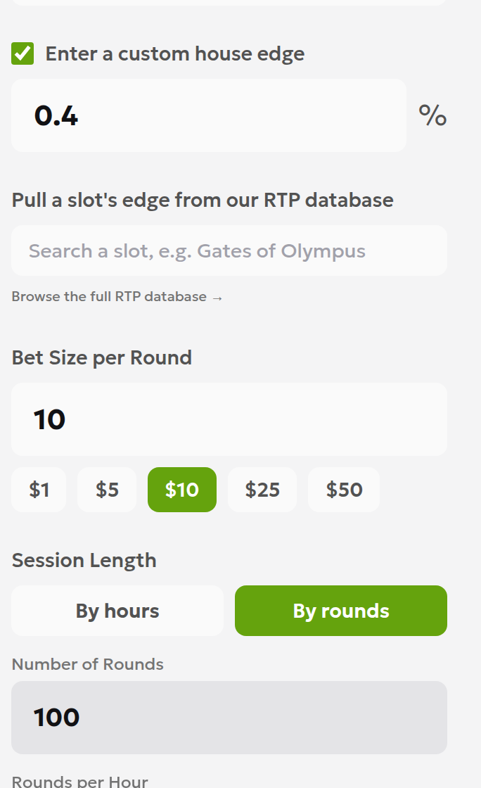English house-edge calculator inputs with custom edge 0.4 percent, wager 10 and 100 rounds