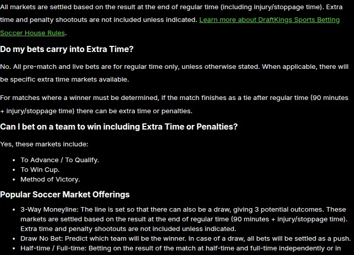 Direct screenshot of DraftKings’ official English soccer help passage covering regular-time settlement and draw no bet pushes