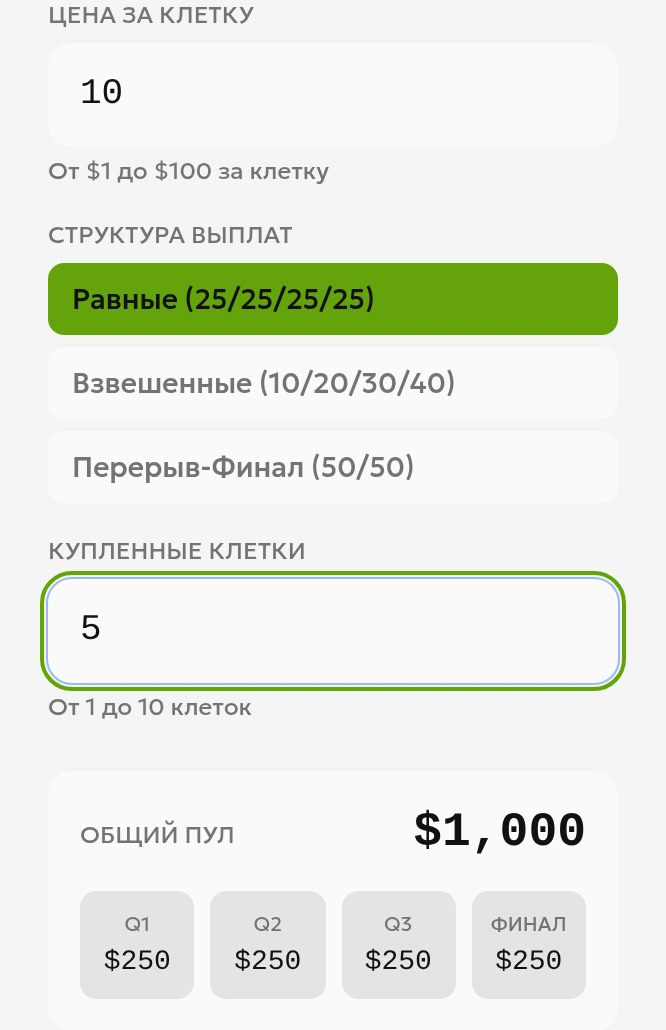 Калькулятор Football Squares: цена 10 USD, пять купленных клеток и равные призы по 250 USD
