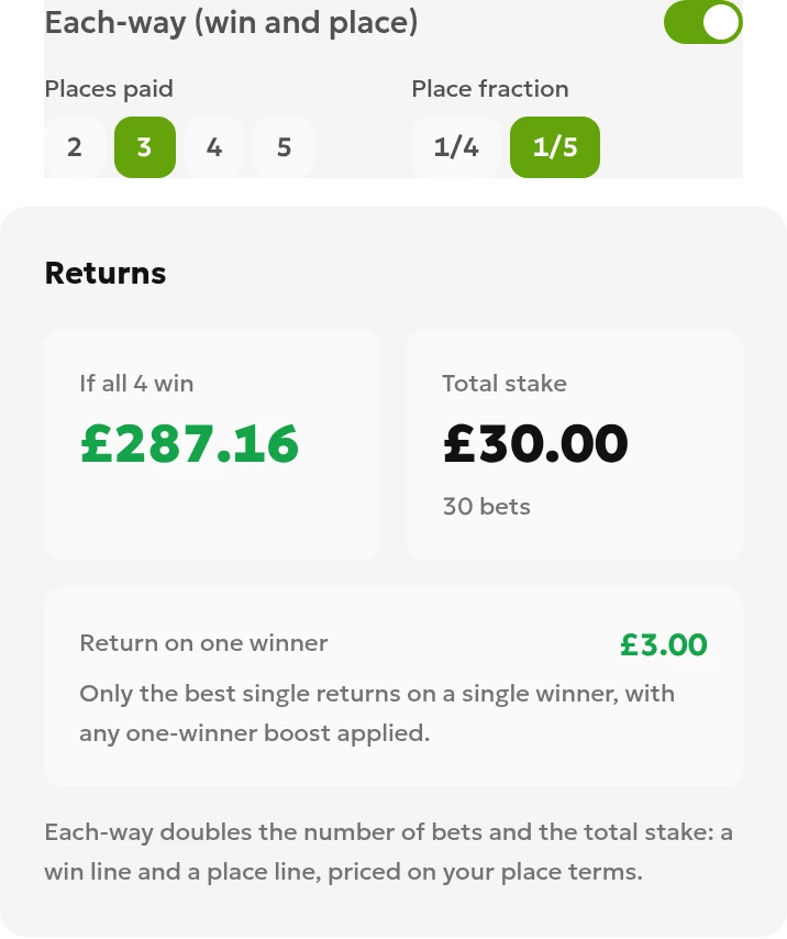 Joined calculator fragments showing each-way terms of 1/5 and three places, a potential gross return of 287.16 and a total stake of 30
