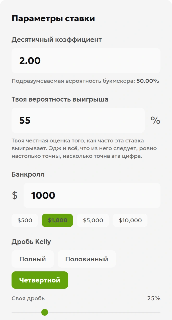 Поля калькулятора критерия Келли: коэффициент 2,00, вероятность 55%, банкролл 1000 и выбор четверти Келли