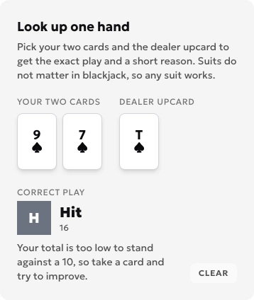 Strategy lookup for 9 and 7 against dealer T: hard 16 with no surrender returns Hit