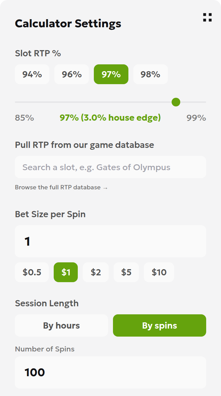 RTP calculator settings in English