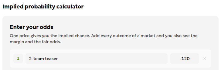 Hypothetical -120 ticket price entered in the English implied probability tool