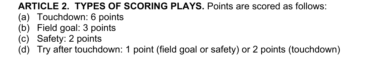 Official 2026 NFL rule excerpt showing six points for a touchdown and two points for a successful touchdown try