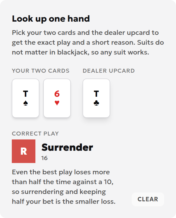 Local hand lookup showing T+6 against a dealer 10 with a surrender recommendation