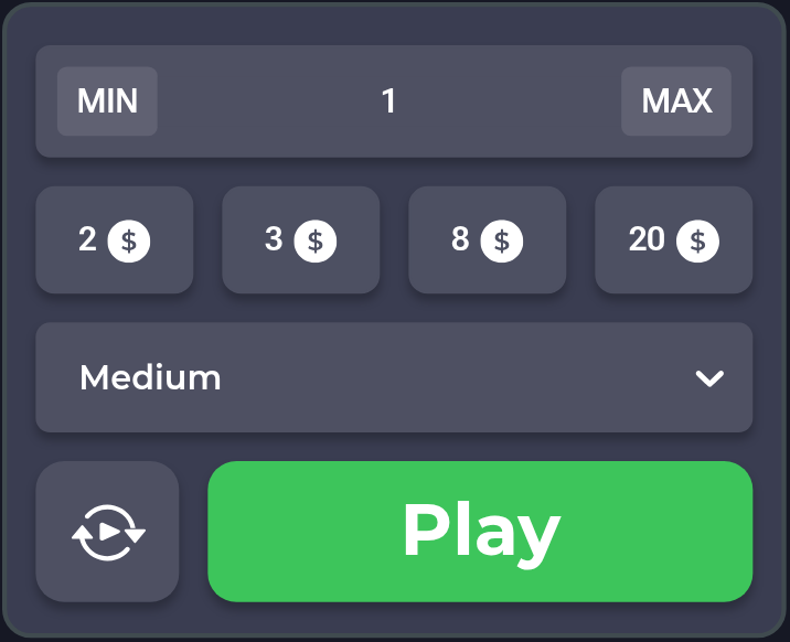 Chicken Road controls with a $1 stake, mode selector, and start button.