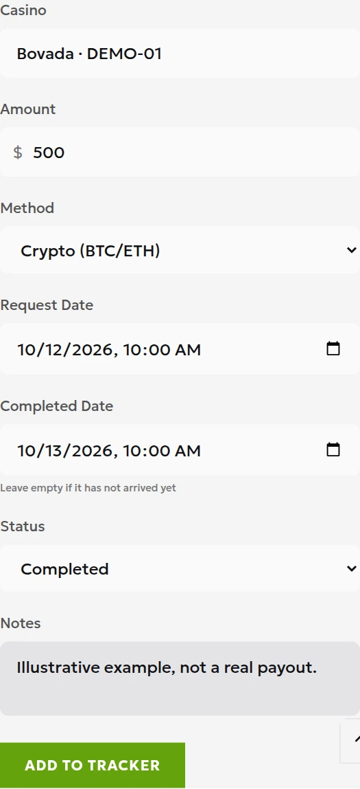English local Withdrawal Tracker form with a fictional Bovada · DEMO-01 record for 500 dollars
