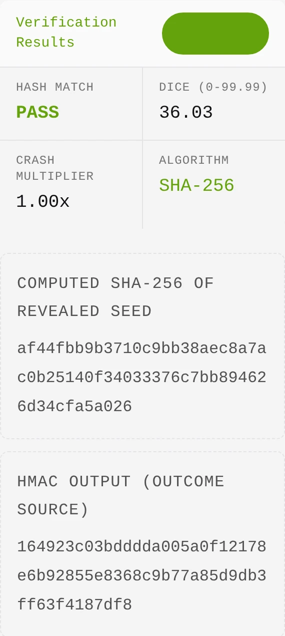 Educational results panel showing a hash match and demonstration outcome values