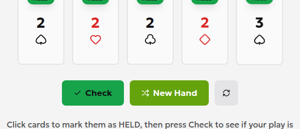 Practice trainer interface illustration on localhost showing 2♠ 2♥ 2♣ 2♦ 3♠