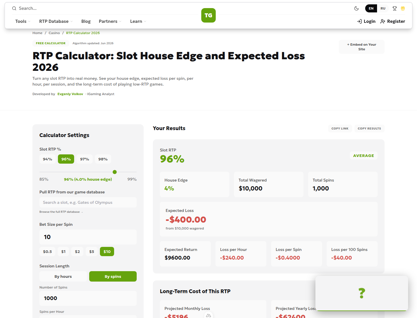 RTP calculator: 1,000 spins at 10, 96% RTP, expected loss 400