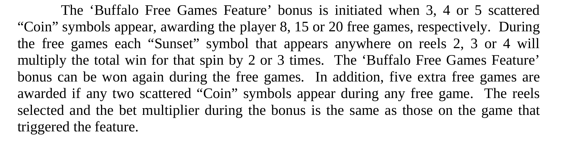 Historical Buffalo rules awarding 8, 15 and 20 free games for 3, 4 and 5 coin symbols