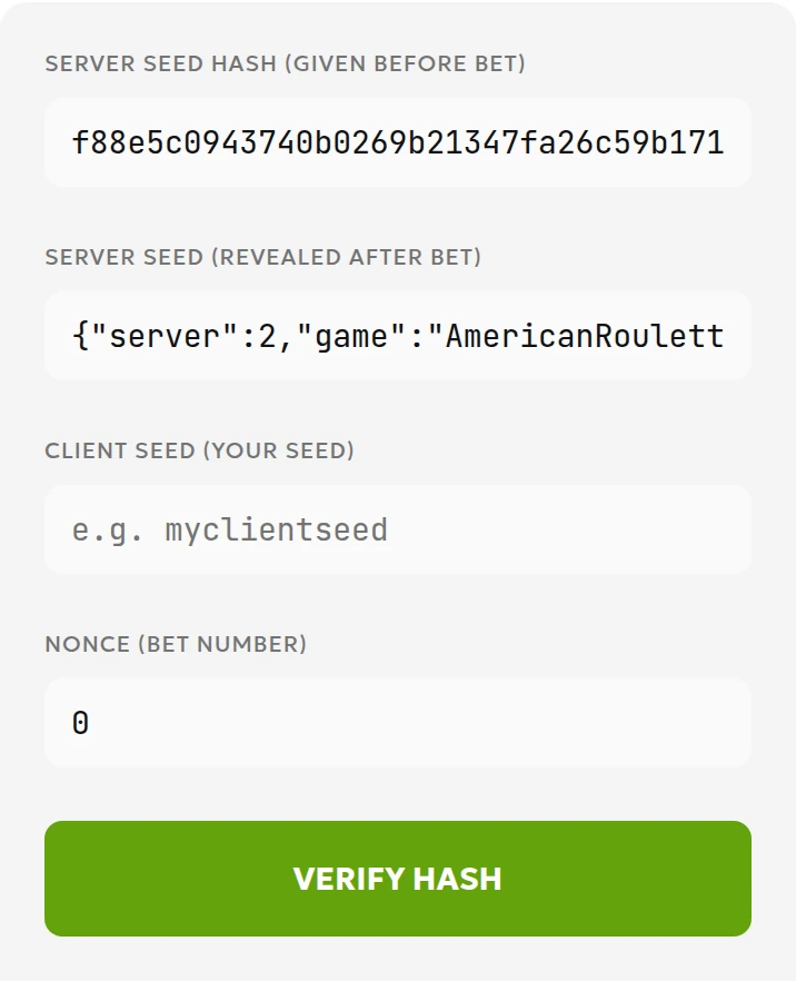 English verifier inputs with the full commitment hash, the BGaming payload, an empty client seed, and nonce 0