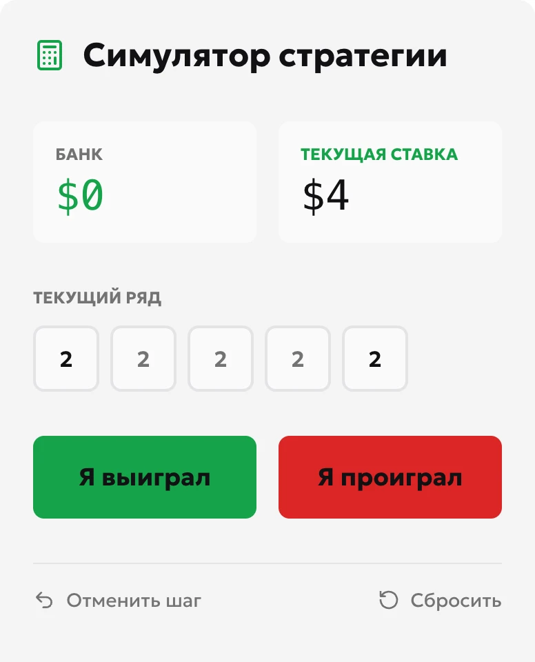 Линия из пяти значений по $2 и следующая ставка $4