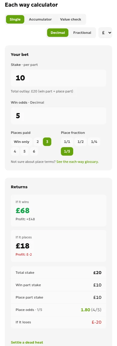 Each-way calculator showing a £10 stake per part, win odds of 5, three places paid, and a 1/5 place fraction