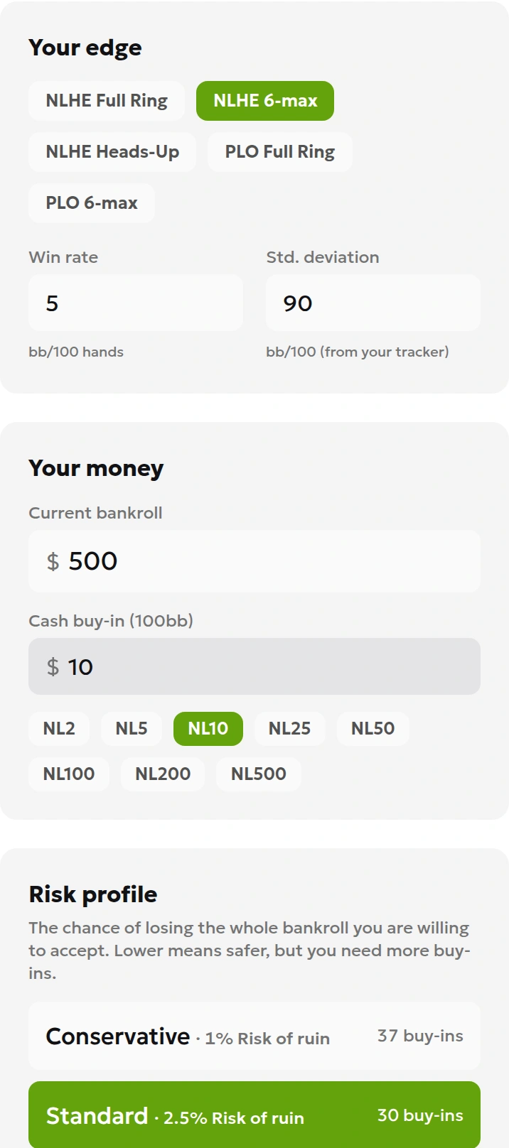 Cash calculator inputs: win rate 5, SD 90, current bankroll 500, and cash buy-in 10