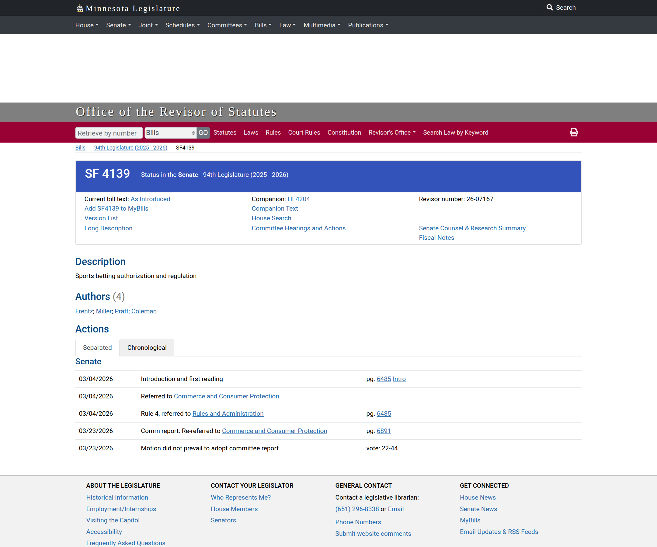 Official SF4139 bill-status page in English showing the 22–44 vote record