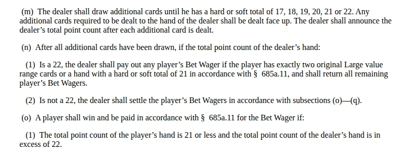 Pennsylvania dealer-22 rule identifying winning hands and pushes for other eligible hands
