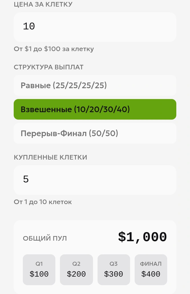 Калькулятор Football Squares с взвешенными призами 100, 200, 300 и 400 USD