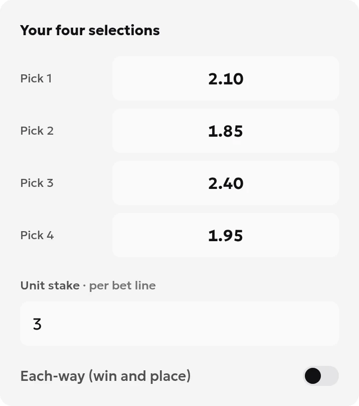 Yankee calculator inputs: decimal odds of 2.10, 1.85, 2.40 and 1.95, a £3 unit stake and Each-way (win and place) switched off