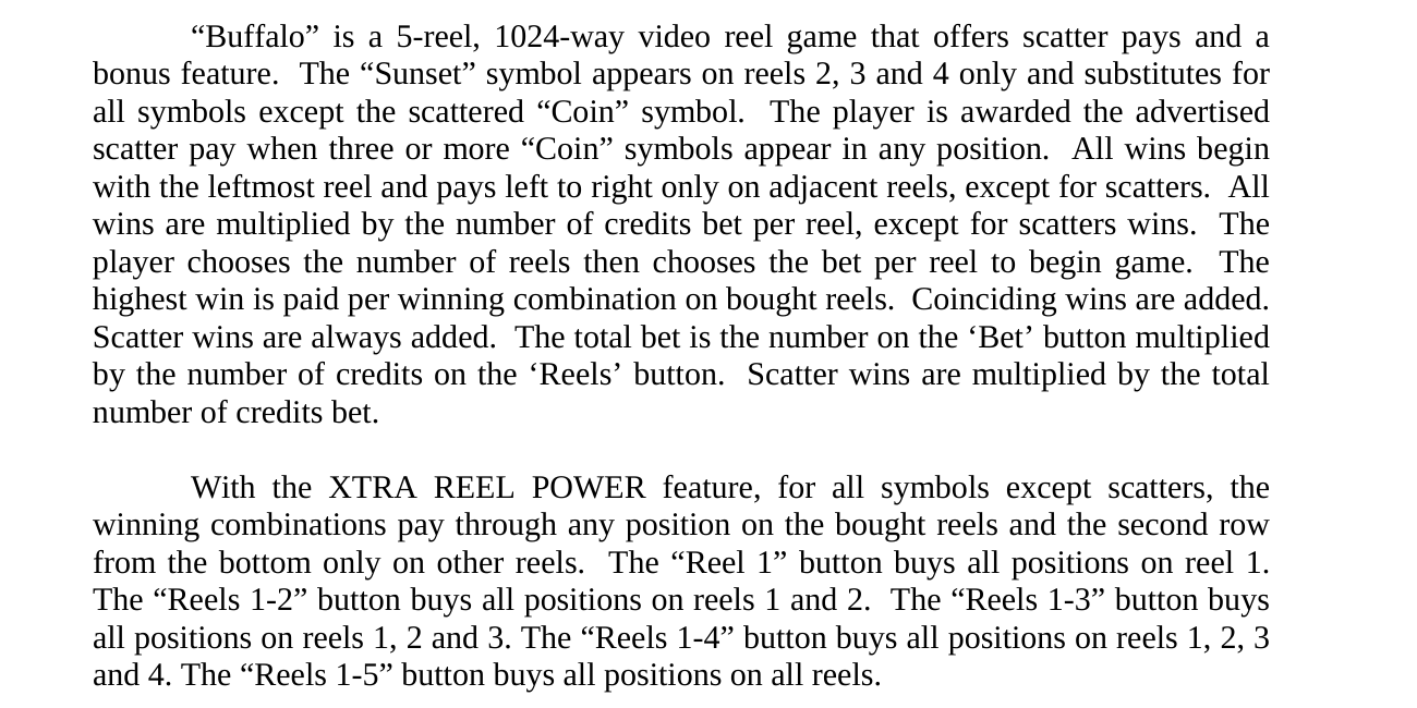 Historical Buffalo GEN7 rules showing five reels and 1 024 ways to win