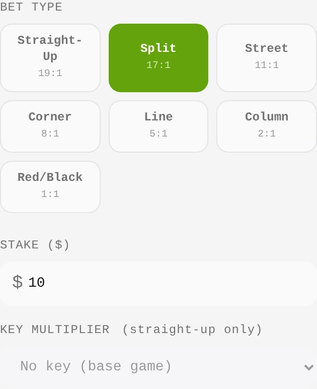Local English calculator screenshot with Split 17:1 selected and a stake of 10