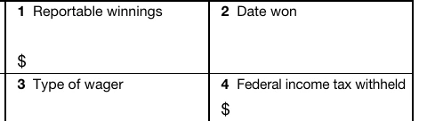 Blank IRS W-2G excerpt showing winnings, date, game and federal withholding in boxes 1–4