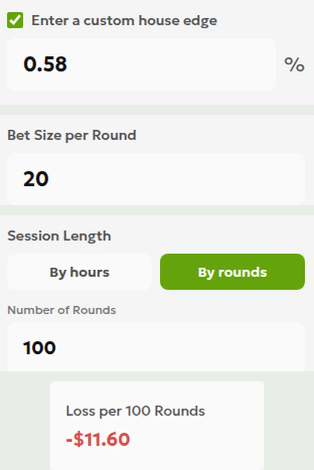 Local ToolsGambling calculator preview showing a custom 0.58% house edge, 20 units per round, 100 rounds, and 11.60 units expected loss