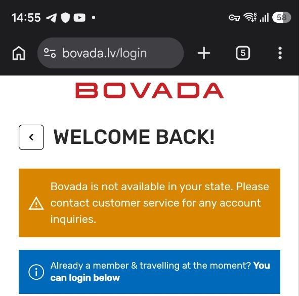 Bovada warning stating that the service is unavailable in the user's state